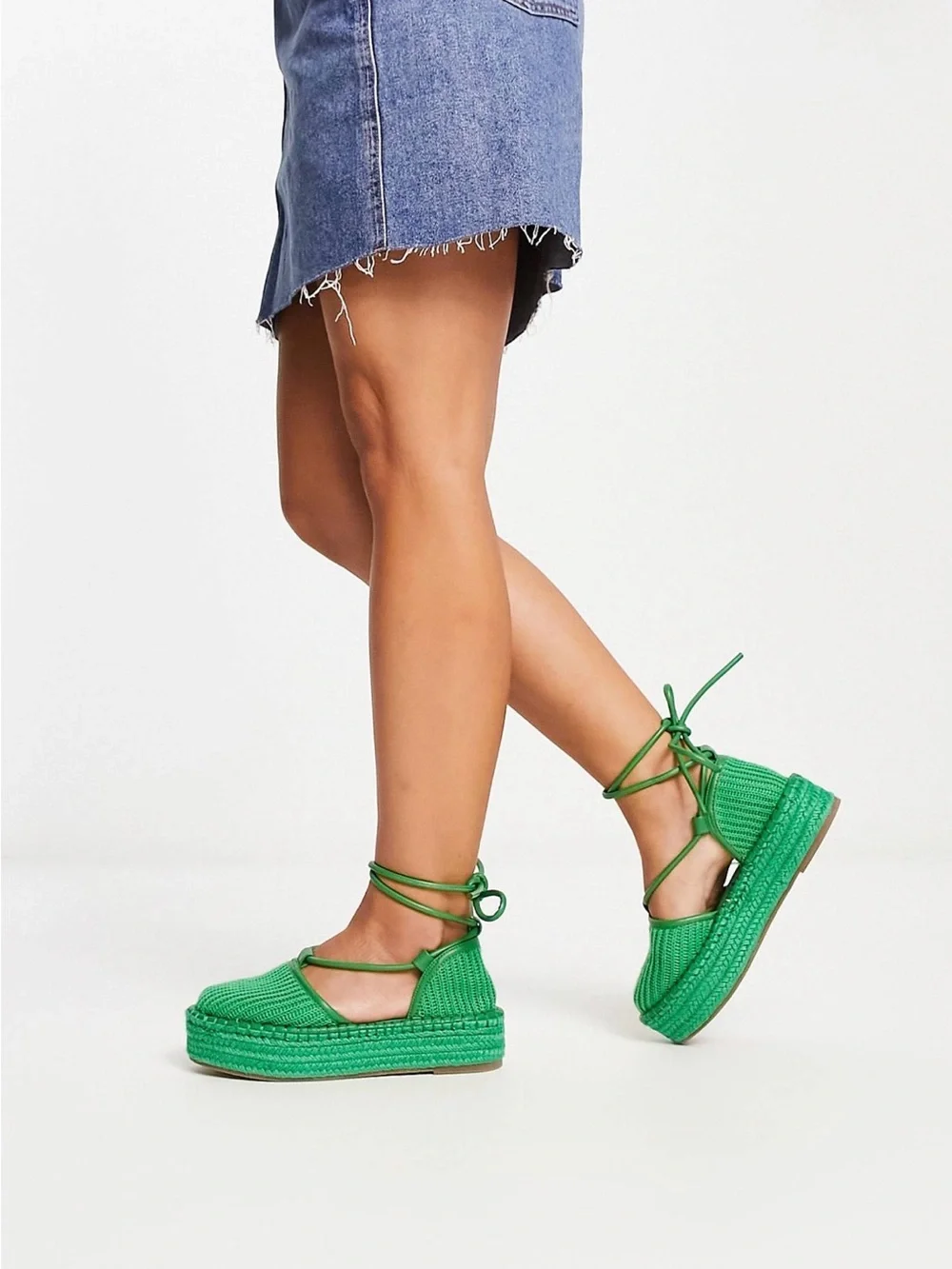 ASOS Design Green Juggle Espadrilles Braided Strap Lace Up Round Platform Sandal
